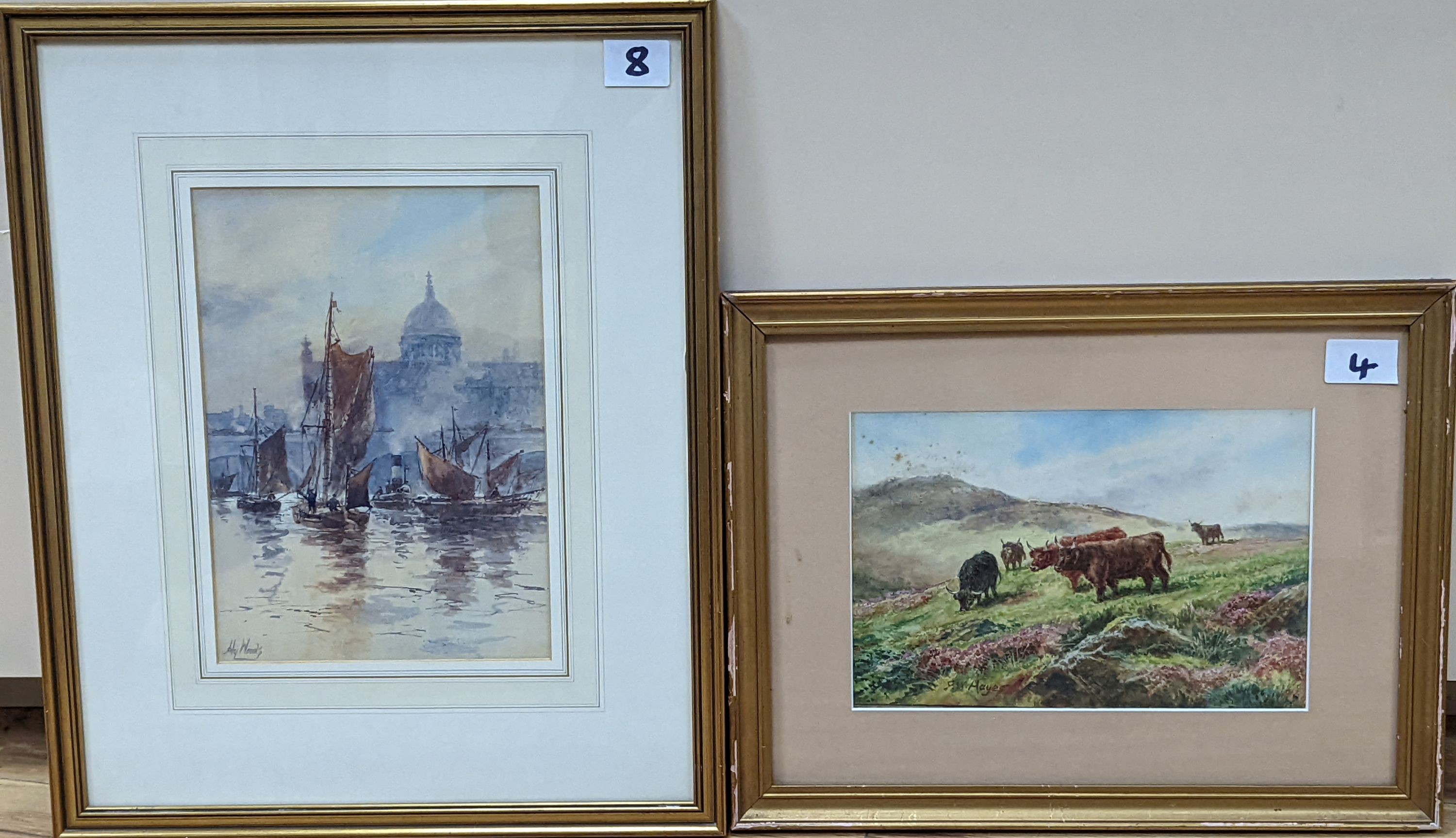 Henry Woods (1846-1921), watercolour, St Paul's from The Thames, signed, 28 x 19cm and an Frederick William Hayes (1848-1918), watercolour of Highland cattle, 18 x 26cm